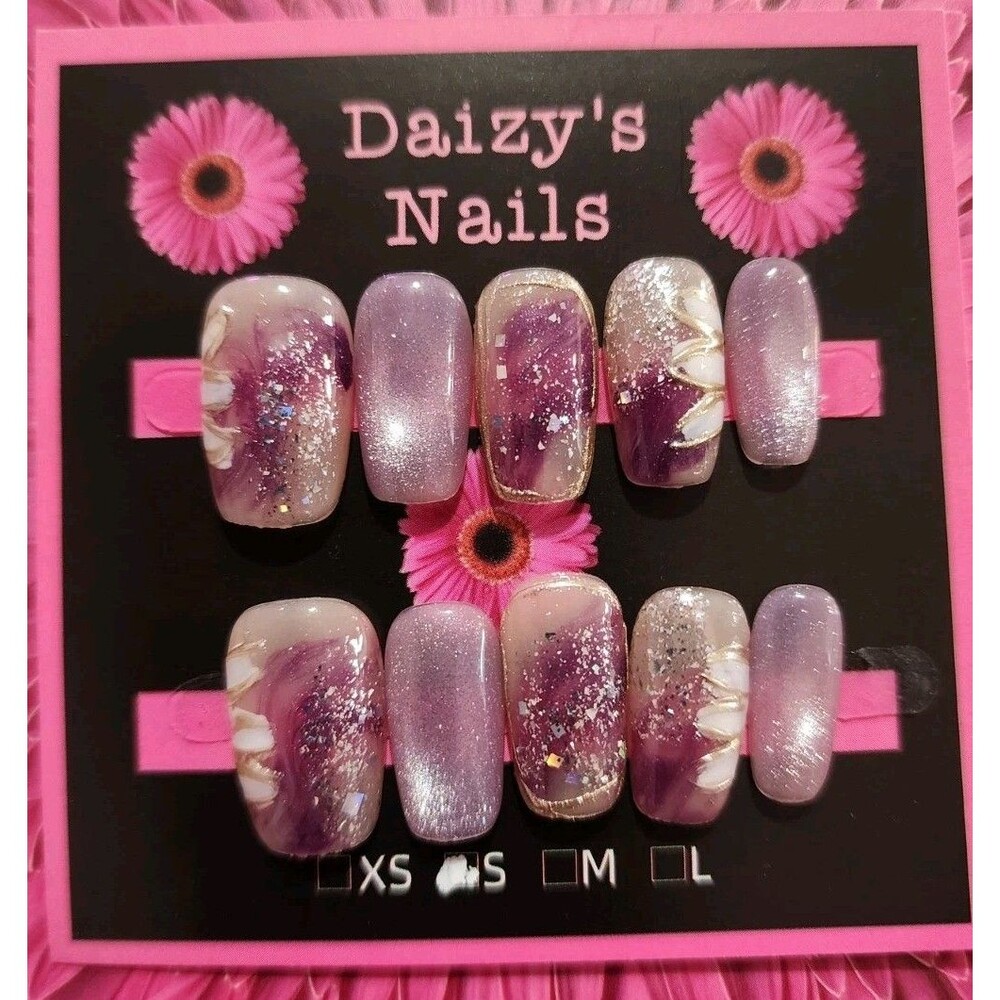 Small Size Purple Glitter Petal Press-on Nail Set Handmade Squoval 2.0 Cm Length
